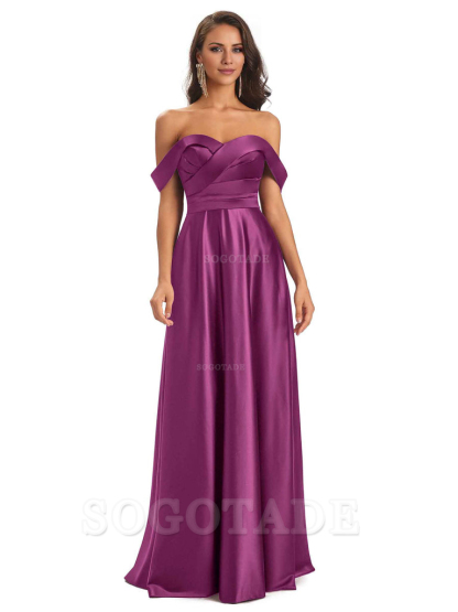 Sexy Soft Satin Off The Shoulder A-Line Long Bridesmaid Dresses Elegant Evening Party Dress