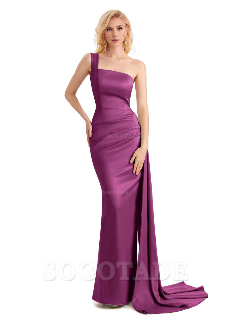 Elegant One Shoulder Soft Satin Mermaid Unique Long Bridesmaid Dresses Charming Evening Party Dress
