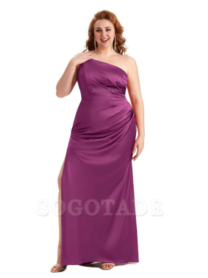 Sexy Side Slit One Shoulder Mermaid Soft Satin Long Plus Size Maid of Honour Dresses