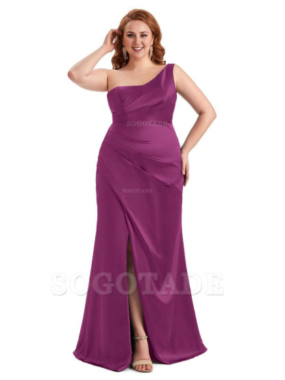 Sexy Side Slit One Shoulder Mermaid Long Plus Size Satin Maxi Dresses