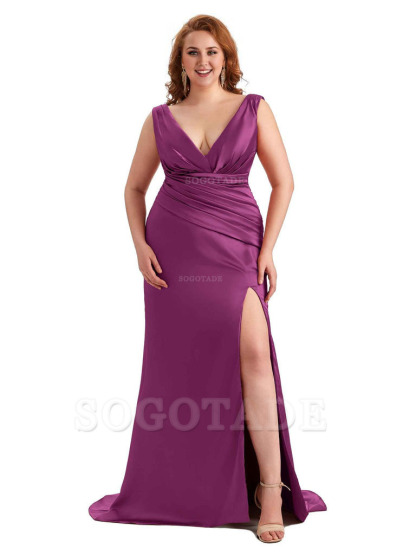 Elegant V-neck Side Slit Mermaid Soft Satin Long Plus Size Bridesmaid Dress For Wedding