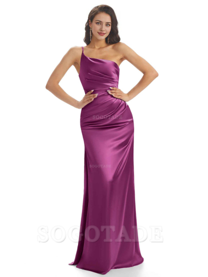 Sexy Soft Satin One Shoulder Side Slit Mermaid Long Bridesmaid Dresses prom dress shop ﻿