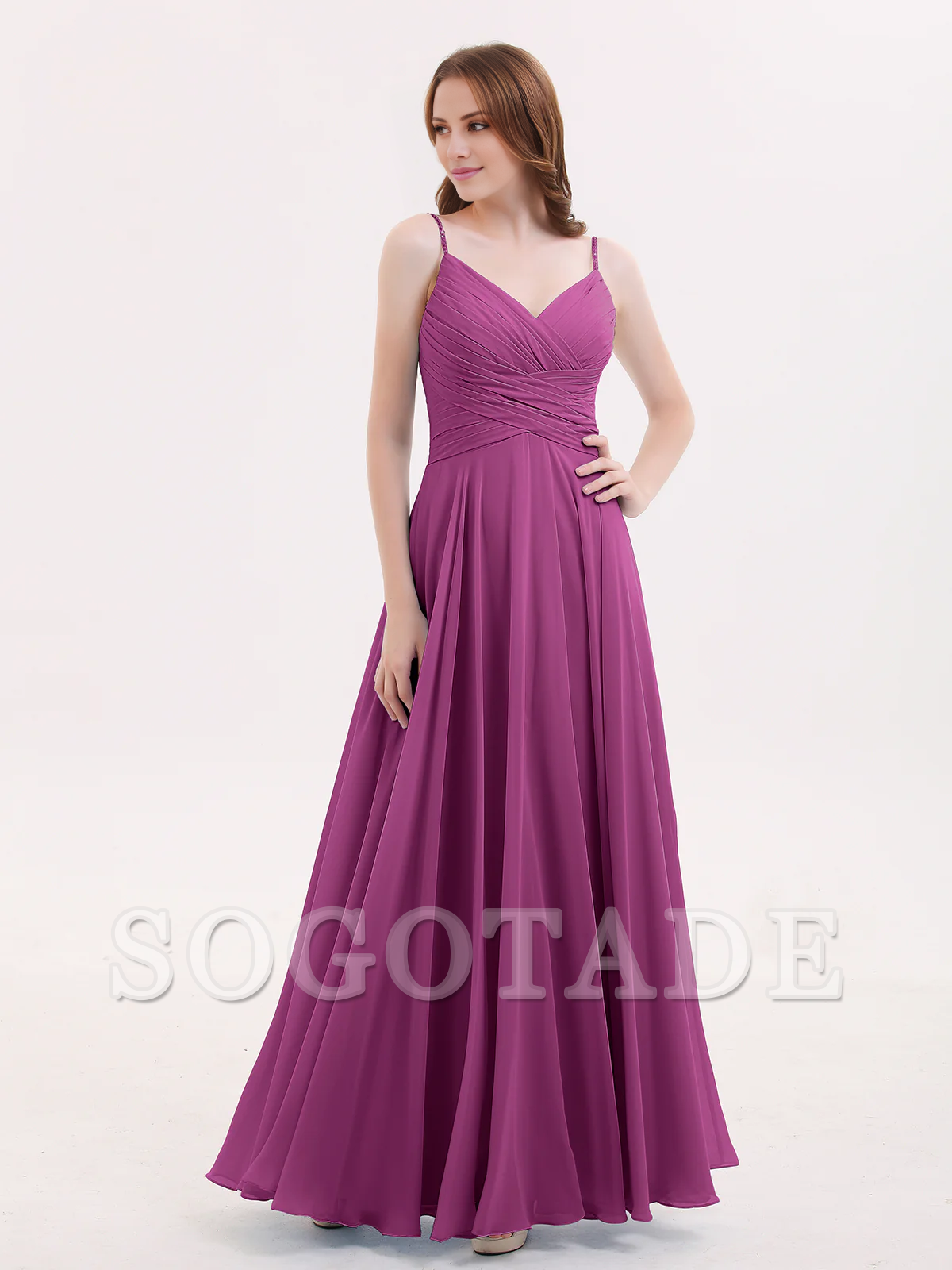 V-neck Fine Shoulder Strap Floor Length Chiffon Bridesmaid Dresses Online