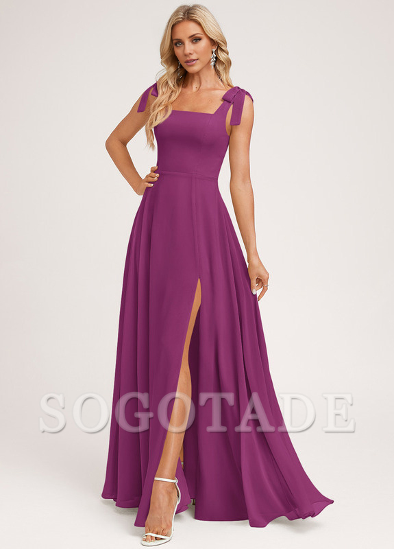 A-shaped square bow landing chiffon bridesmaid dress