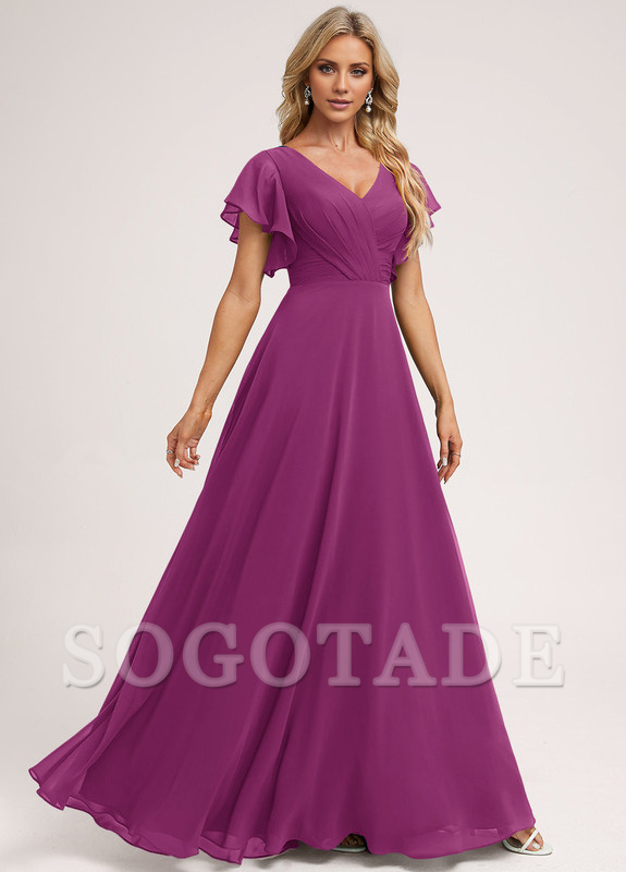 Ruffle A-line V-neck and floor chiffon bridesmaid dress