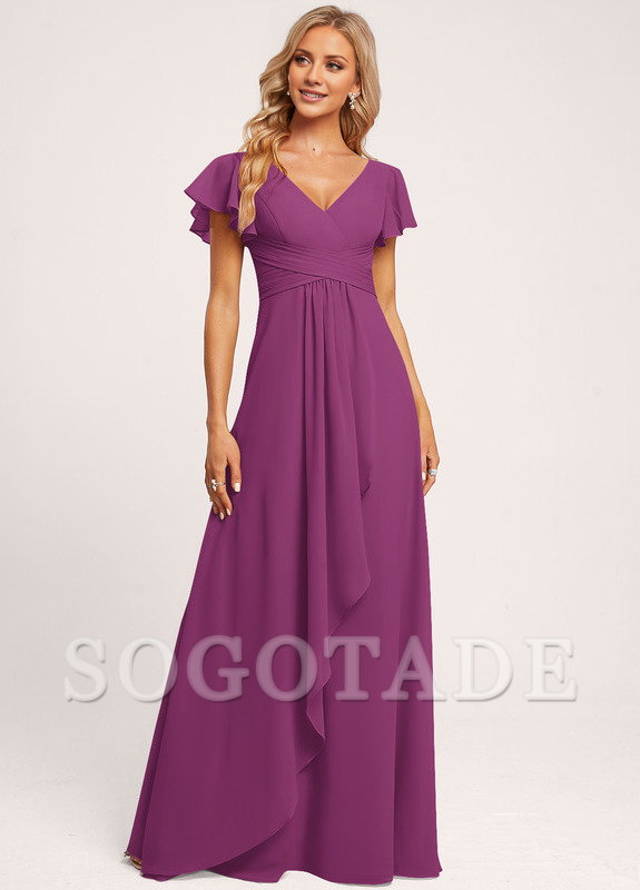 Ruffle A-line V-neck and floor chiffon bridesmaid dress