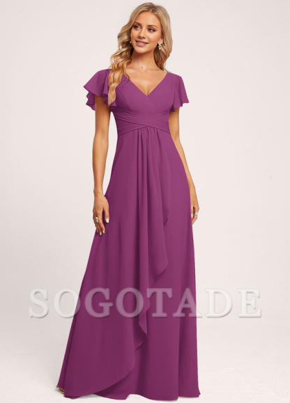 Ruffle A-line V-neck and floor chiffon bridesmaid dress
