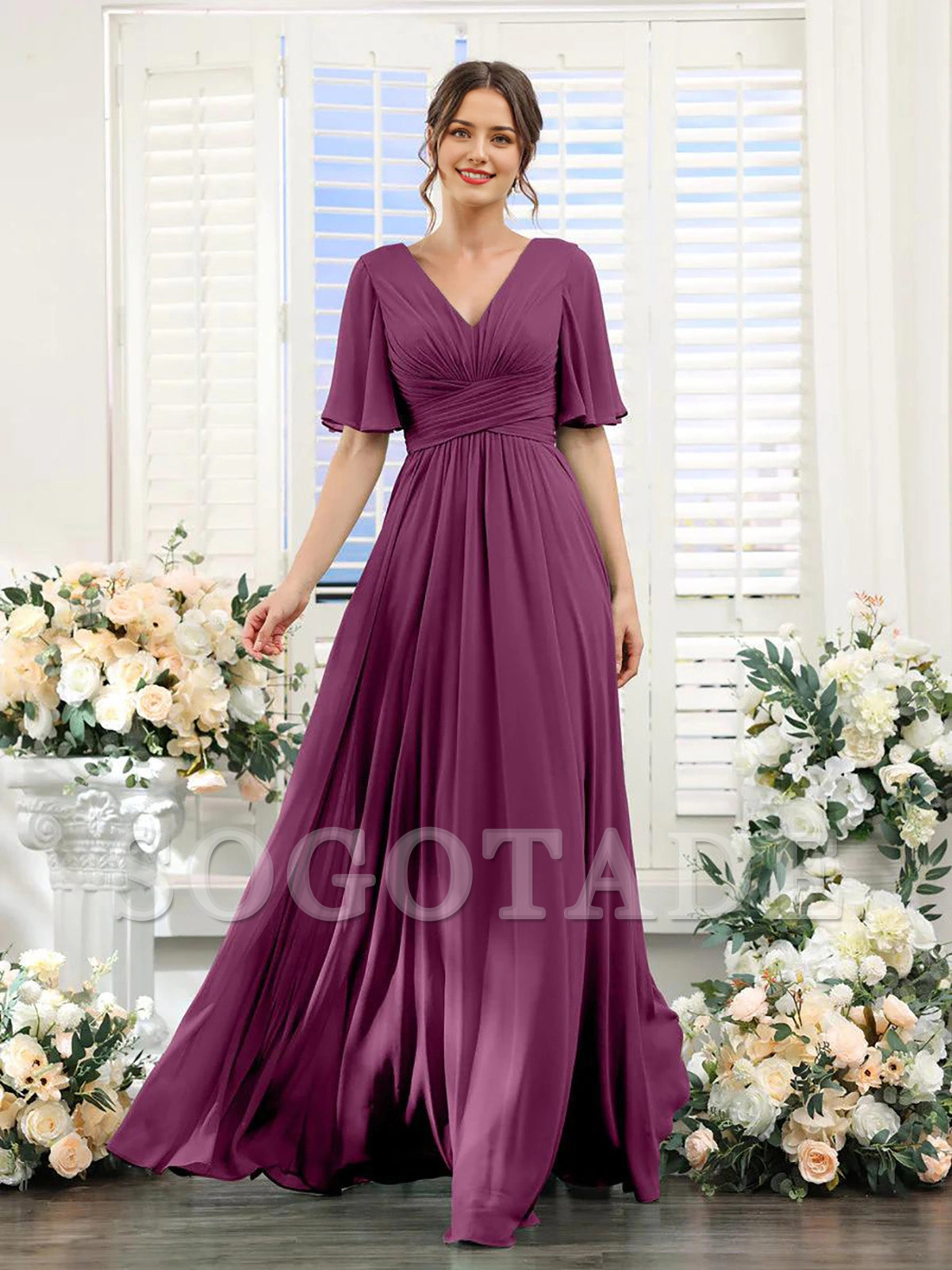 A-shaped V-shaped leader bridesmaid dress, suitable for wedding guests, long chiffon formal slit party dress