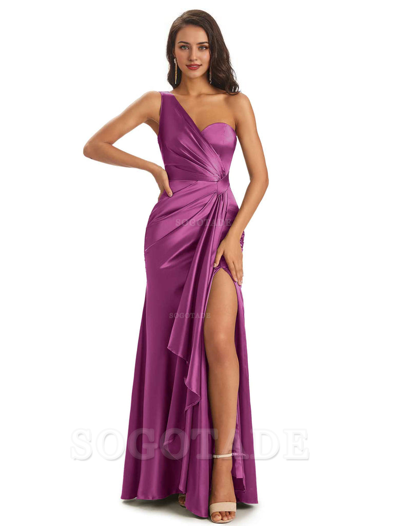 Elegant Soft Satin Side Slit One Shoulder Unique Mermaid Bridesmaid Dresses Online prom dresses shops