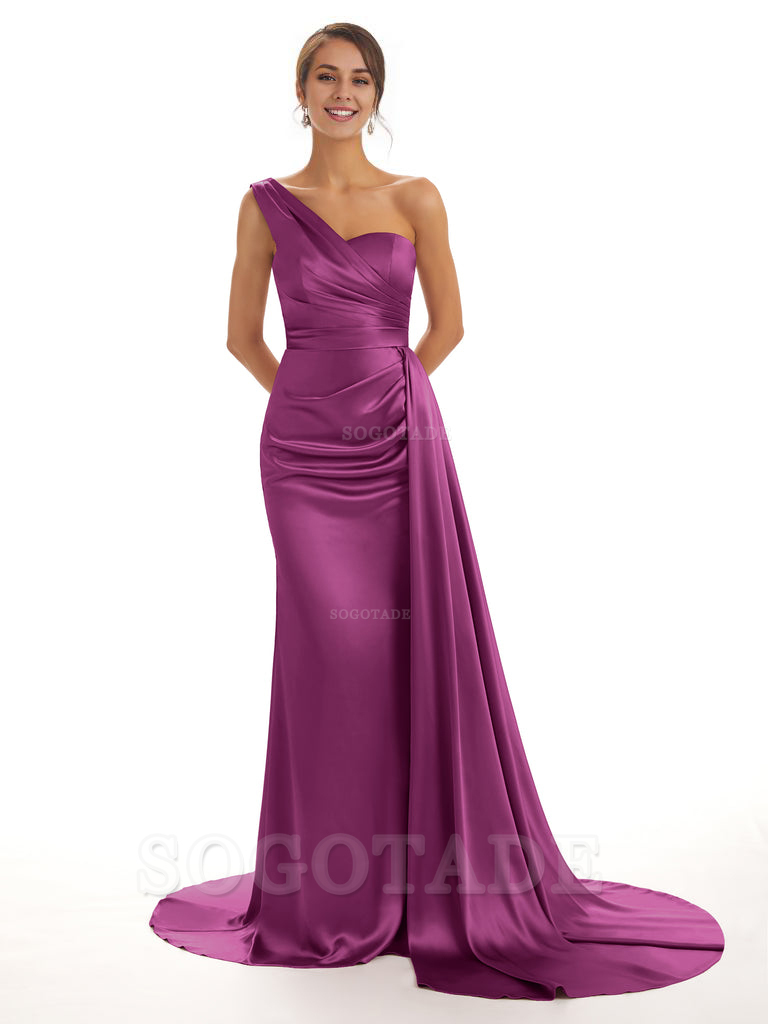 Elegant One Shoulder Soft Satin Unique Mermaid Long Bridesmaid Dresses Online prom dresses shops
