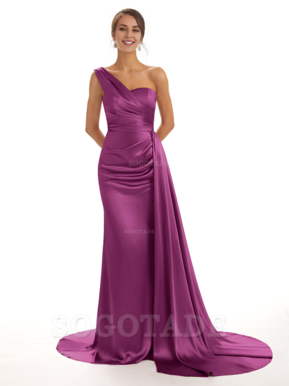 Elegant One Shoulder Soft Satin Unique Mermaid Long Bridesmaid Dresses Online prom dresses shops