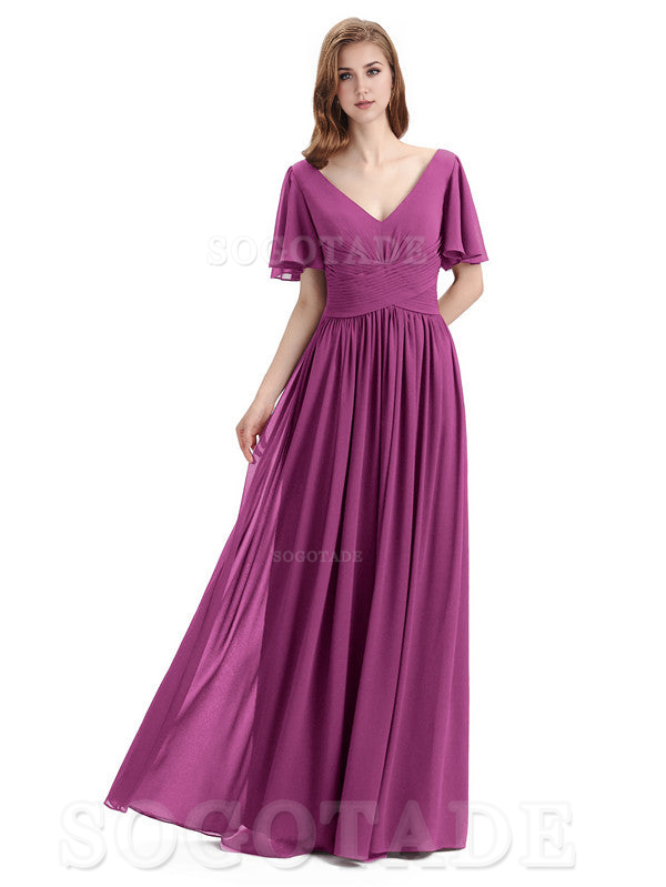 A-Line Chiffon Short Sleeves Elegant Floor-Length Bridesmaid Dresses Formal Women's Dresses Wedding Guests Dresses