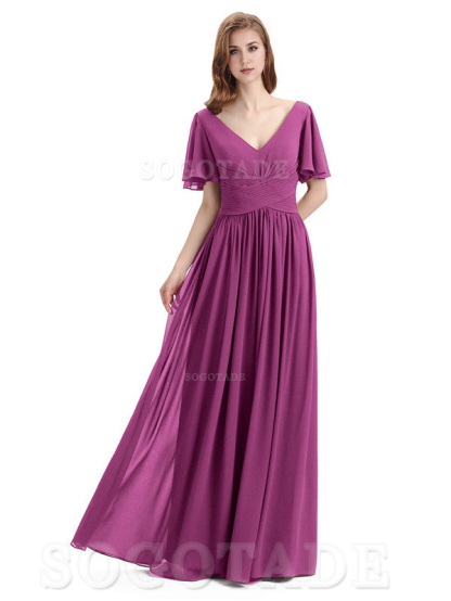 A-Line Chiffon Short Sleeves Elegant Floor-Length Bridesmaid Dresses Formal Women's Dresses Wedding Guests Dresses