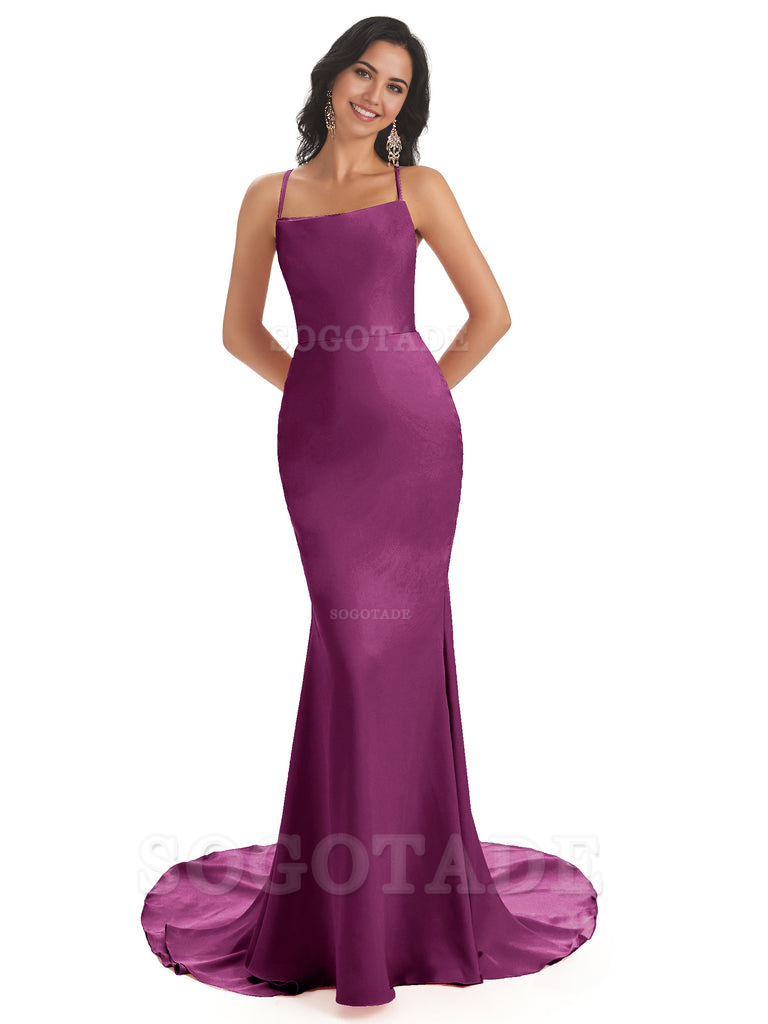 Mermaid Spaghetti Backless Straps Satin Long formal dresses evening gown Bridesmaid Dresses