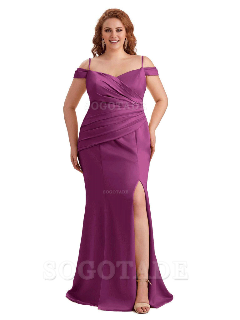 Elegant Cold Shoulder Side Slit Mermaid Soft Satin Long Plus Size Bridesmaid Gowns