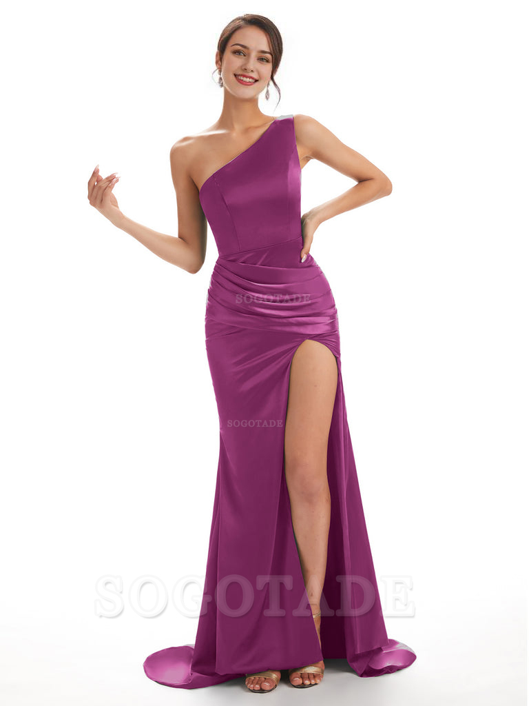 Sexy Soft Satin Side Slit One Shoulder Long Mermaid Bridesmaid Dresses Online prom shop dresses ﻿