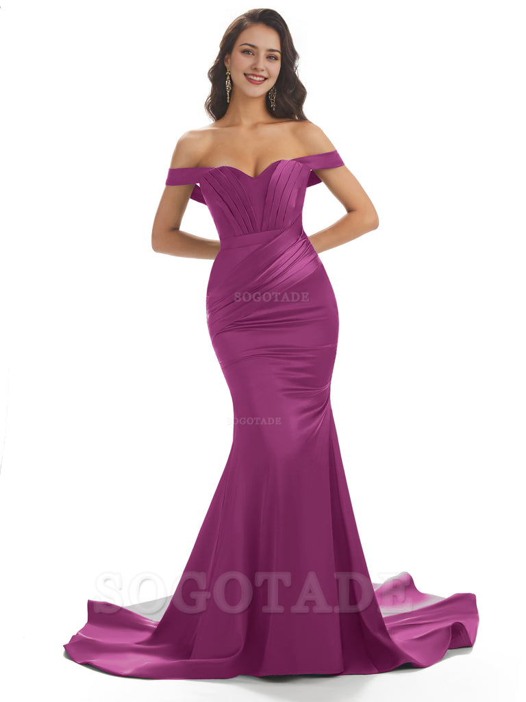 Sexy Mermaid Off The Shoulder Floor-Length Long Soft Satin Bridesmaid Dresses Online prom shop dresses