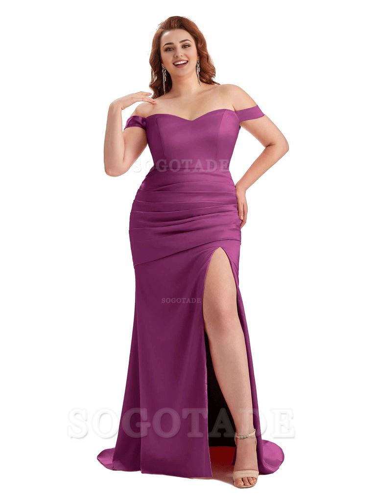 Sexy Mermaid Off The Shoulder Side Slit Soft Satin Long Plus Size Wedding Party Dresses