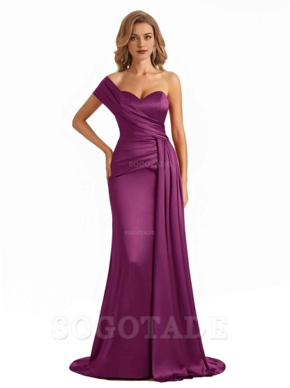 Elegant One Shoulder Soft Satin Long Mermaid Bridesmaid Dresses Online prom shop dresses ﻿