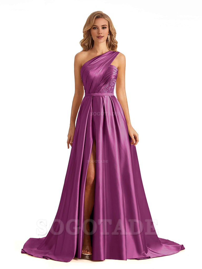 Sexy Side Slit One Shoulder A-Line Soft Satin Long Bridesmaid Dresses Online prom dress in store