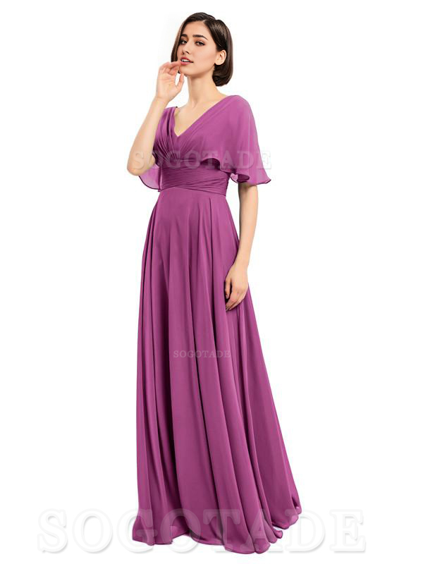  V-Neck Cap Sleeves Sleeves Chiffon Long Elegant Bridesmaid Dresses Formal Wear Dresses