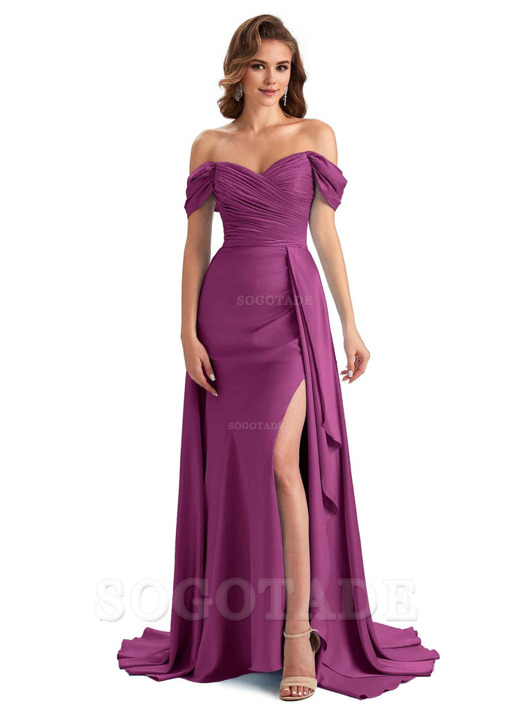 Sexy Side Slit Mermaid Soft Satin Off The Shoulder Long Unique Bridesmaid Dresses prom dress in store