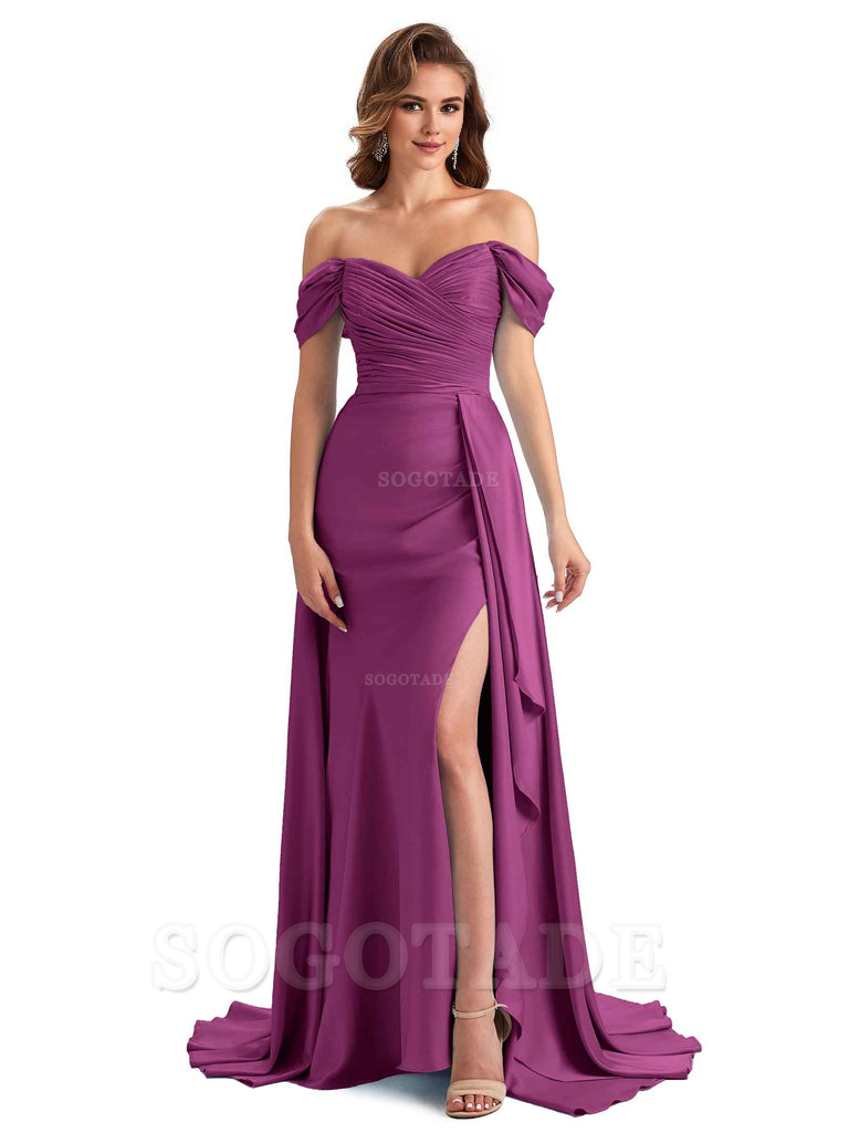 Sexy Side Slit Mermaid Soft Satin Off The Shoulder Long Unique Bridesmaid Dresses prom dress in store