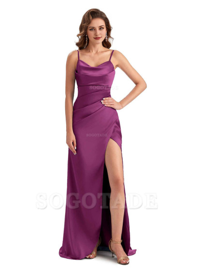 Soft Satin Side Slit Spaghetti Straps Sexy Wedding Bridesmaid Dresses