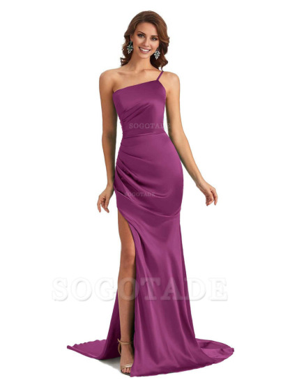 Sexy Silky Satin Side Slit One Shoulder Unique Long Wedding Guest Maxi Dresses