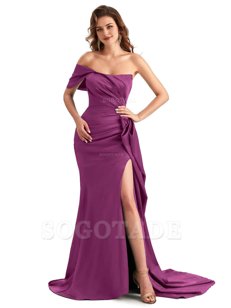 Sexy Side Slit Mermaid Silky Satin One Shoulder Chic Long Maid Of Honor Dresses