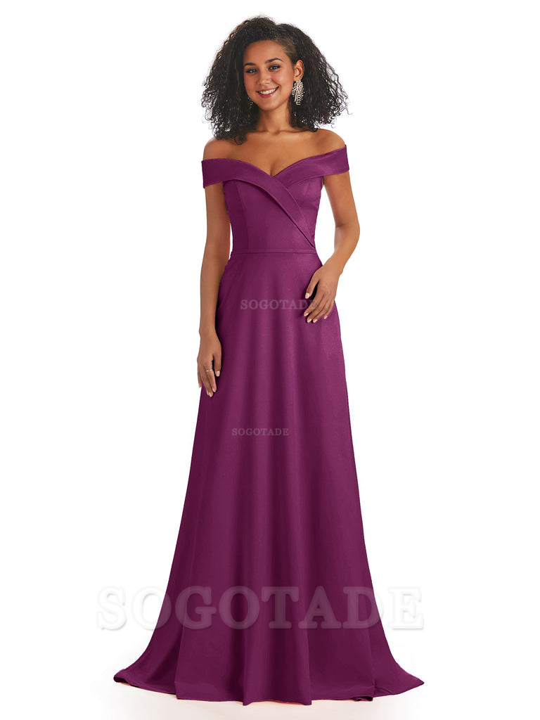 Soft Satin Off The Shoulder Long A-Line African Bridesmaid Dresses prom dress stores ﻿