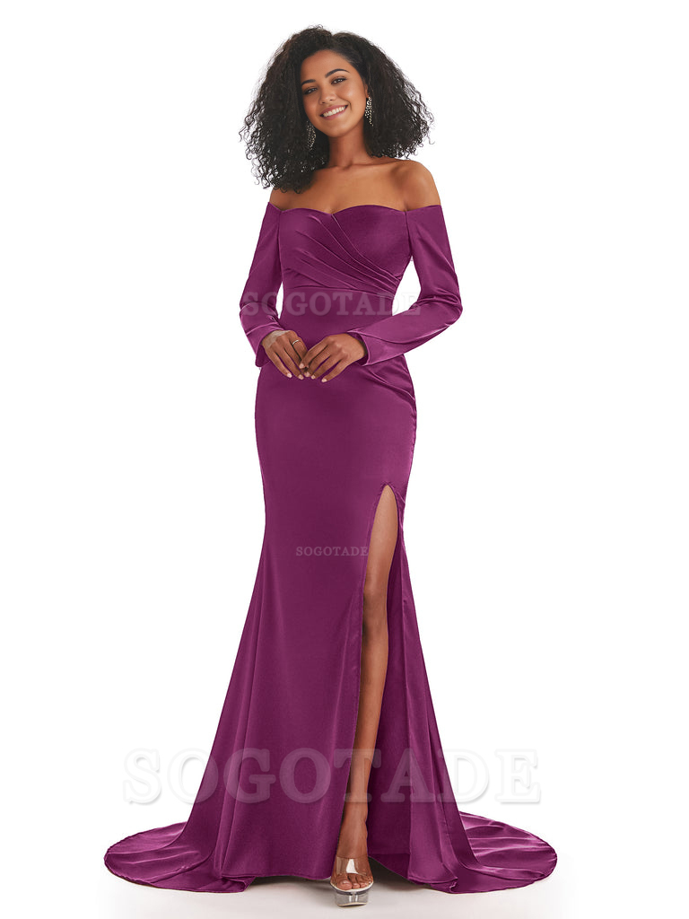 Mermaid Long Sleeve Satin formal dresses evening gown Bridesmaid Dresses With Side Slit 