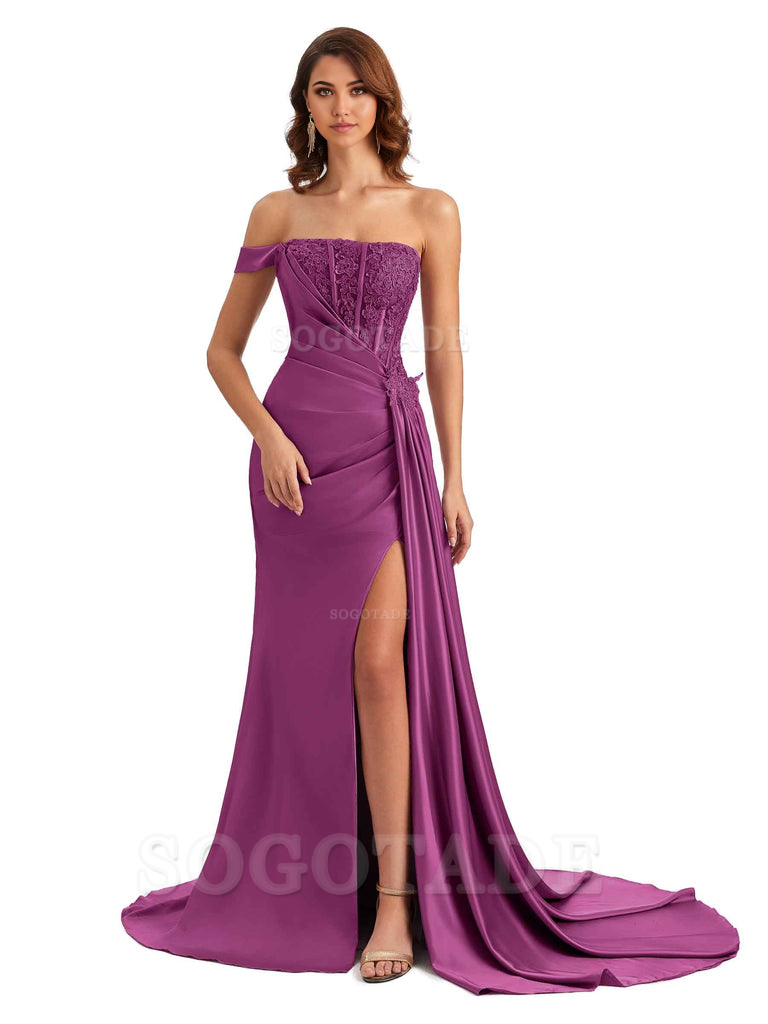 Mermaid Off Shoulder Applique formal dresses evening gown Bridesmaid Dresses With Side Slit 