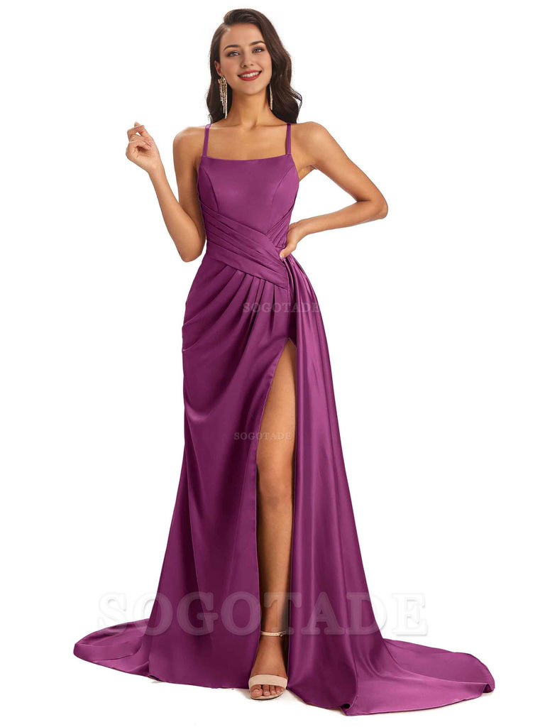 Sexy Soft Satin Side Slit Spaghetti Straps Long Maxi Bridesmaid Dresses prom shop dresses