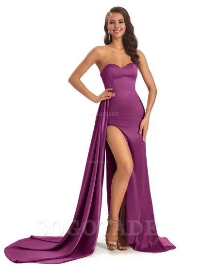 Sexy Soft Satin Sweetheart Side-Slit Unique Long Mermaid Bridesmaid Dresses prom shop dresses