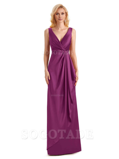V Neck Elegant Soft Satin Formal Long Maid Bridesmaid Dresses Formal Wear Dresses
