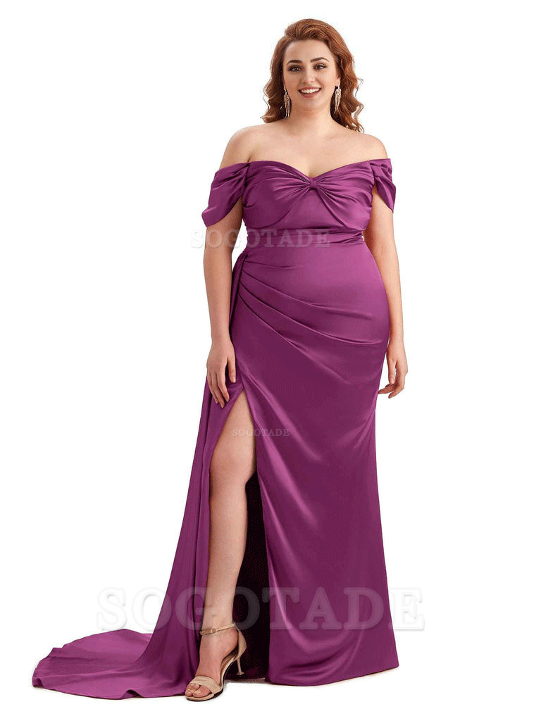  Sexy Side Slit Off The Shoulder Mermaid Soft Satin Long Plus Size Bridesmaid Dress For Wedding