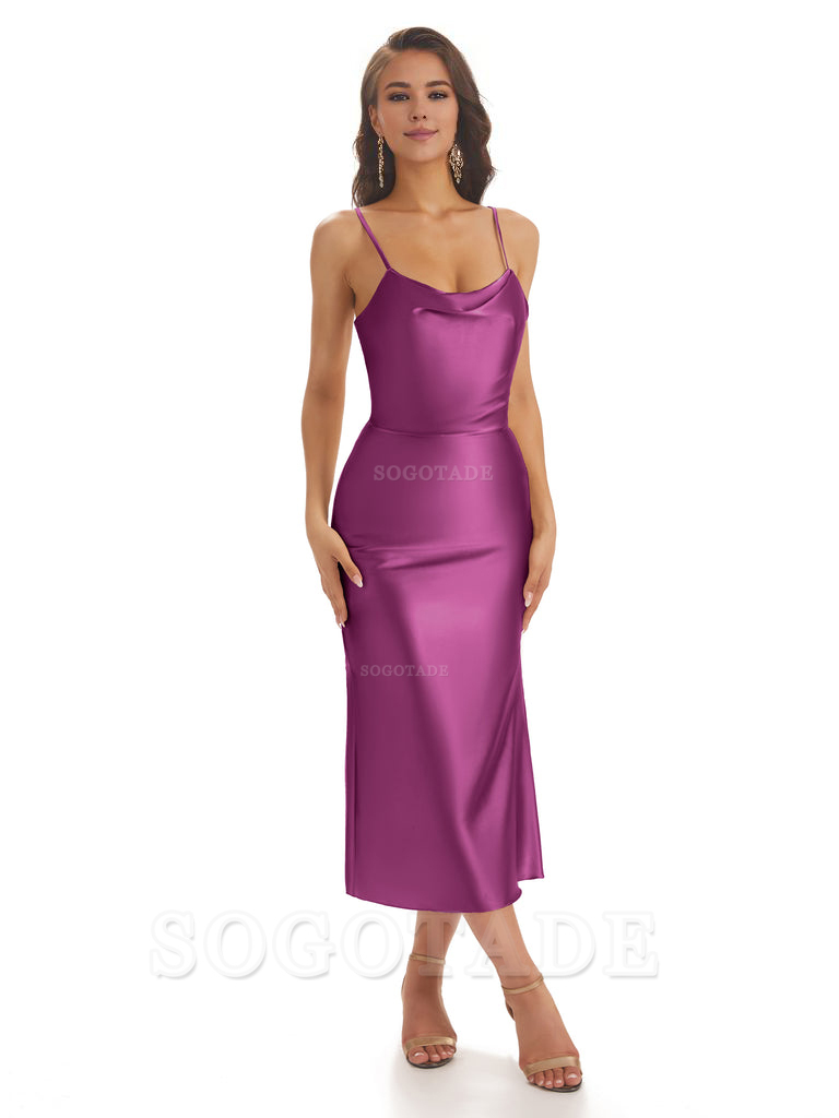 Sexy Soft Satin Spaghetti Strap Tea-Length Midi Short Bridesmaid Dresses prom shop dresses