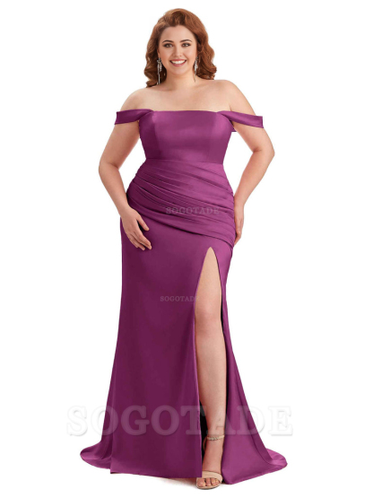  Sexy Off Shoulder Side Hight Slit Sleeveless Mermaid Soft Satin Long Plus Size Bridesmaid Dress For Wedding