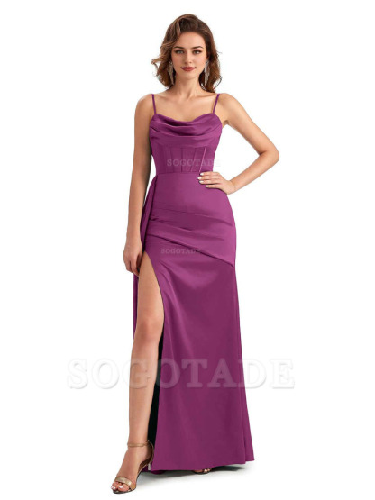 Sexy Side Slit Mermaid Silky Satin Spaghetti Straps Unique Wedding Guest Dresses