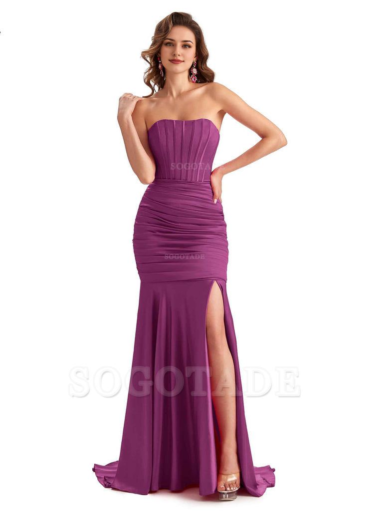 Sexy Strapless Side Slit Mermaid Silky Satin Formal Bridesmaid Dresses
