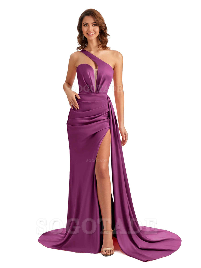 Mermaid One Shoulder Satin formal dresses evening gown Bridesmaid Dresses With Side Slit