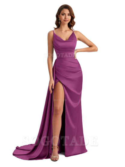 Mermaid Cowl Spaghetti Satin formal dresses evening gown Bridesmaid Dresses With Side Slit