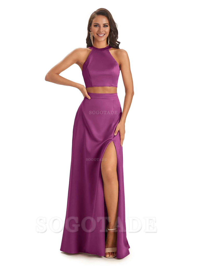 Soft Satin Two-Pieces Halter Side Slit Sexy Fashion Bridesmaid Dresses Charming Evening Party Dress