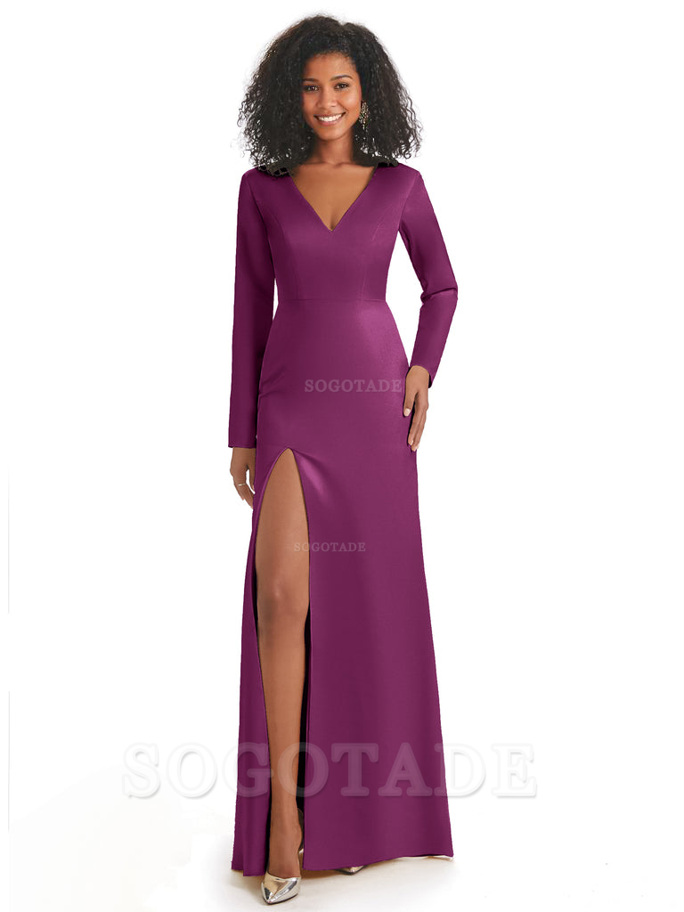 Soft Satin Side Slit Long Sleeves V-Neck Long African Mermaid Bridesmaid Dresses Elegant Evening Party Dress