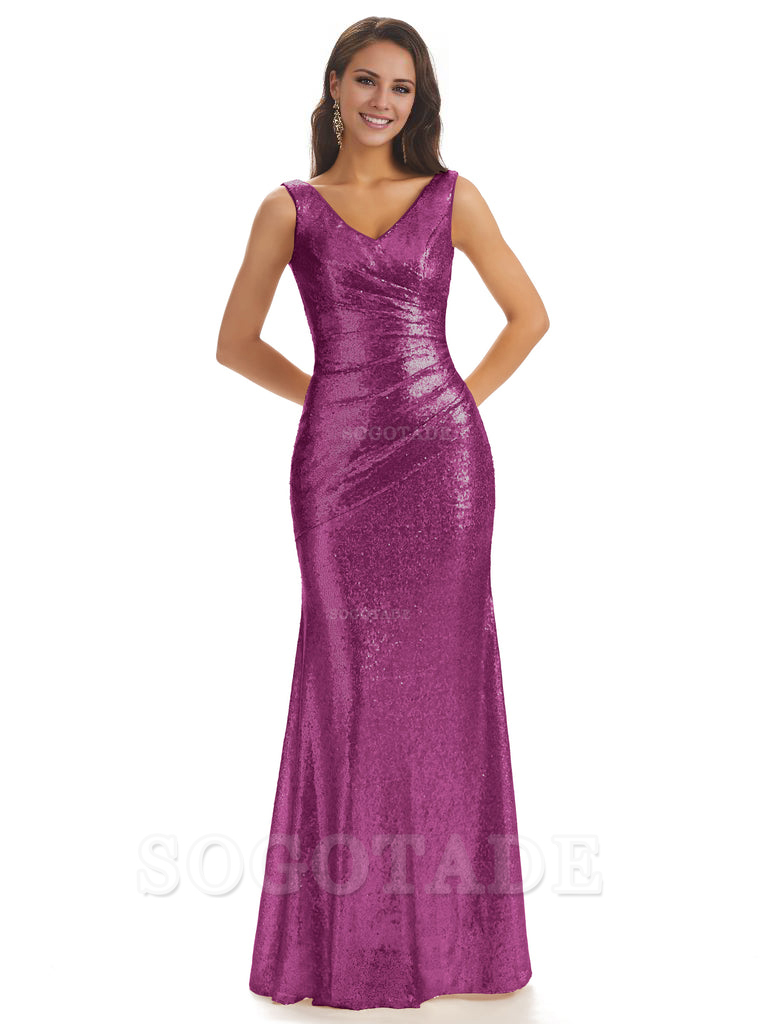 Sexy Sequin V-Neck Sparkly Long Mermaid Bridesmaid Dresses Charming Evening Party Dress