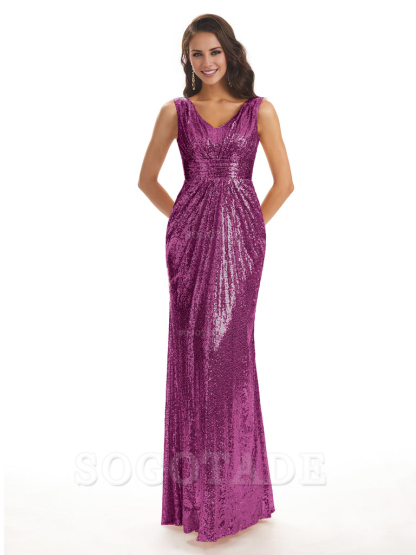 Sparkly V-Neck Sequin Long Mermaid Bridesmaid Dresses Sleeveless Charming Evening Party Dress