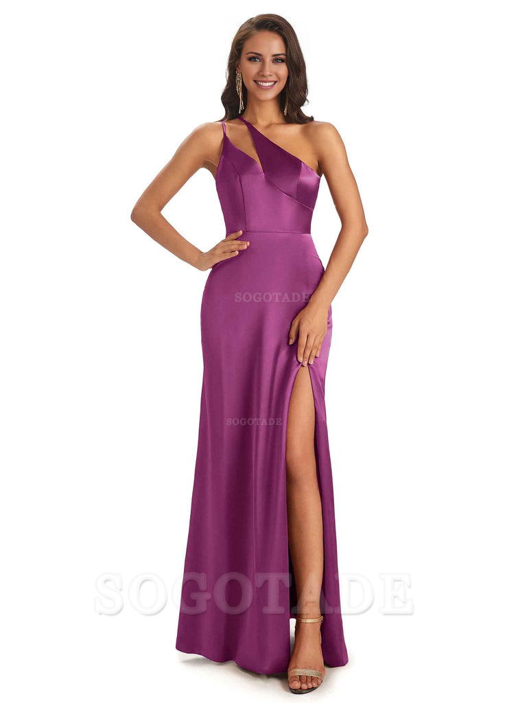 Sexy Soft Satin Side Slit One Shoulder Floor-Length Mermaid Long Bridesmaid Dresses Elegant Evening Party Dress