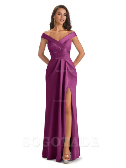 Sexy Soft Side Slit Off Shoulder V-Neck Long Satin Ladies Bridesmaid Dresses Elegant Evening Party Dress