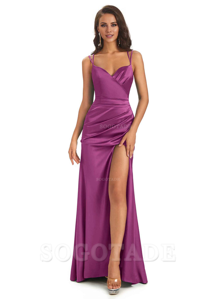 Sexy Soft Satin Side Slit Spaghetti Straps Long Maxi Mermaid Bridesmaid Dresses Elegant Evening Party Dress